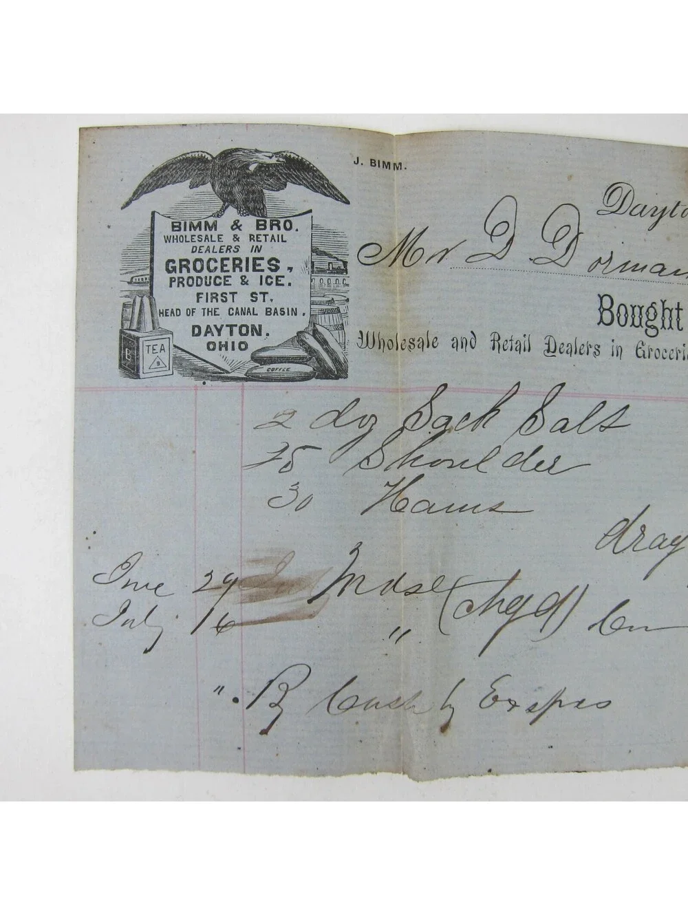 Bimm & Bro Wholesale Groceries Produce & Ice Dayton Ohio Invoice Antique 1859